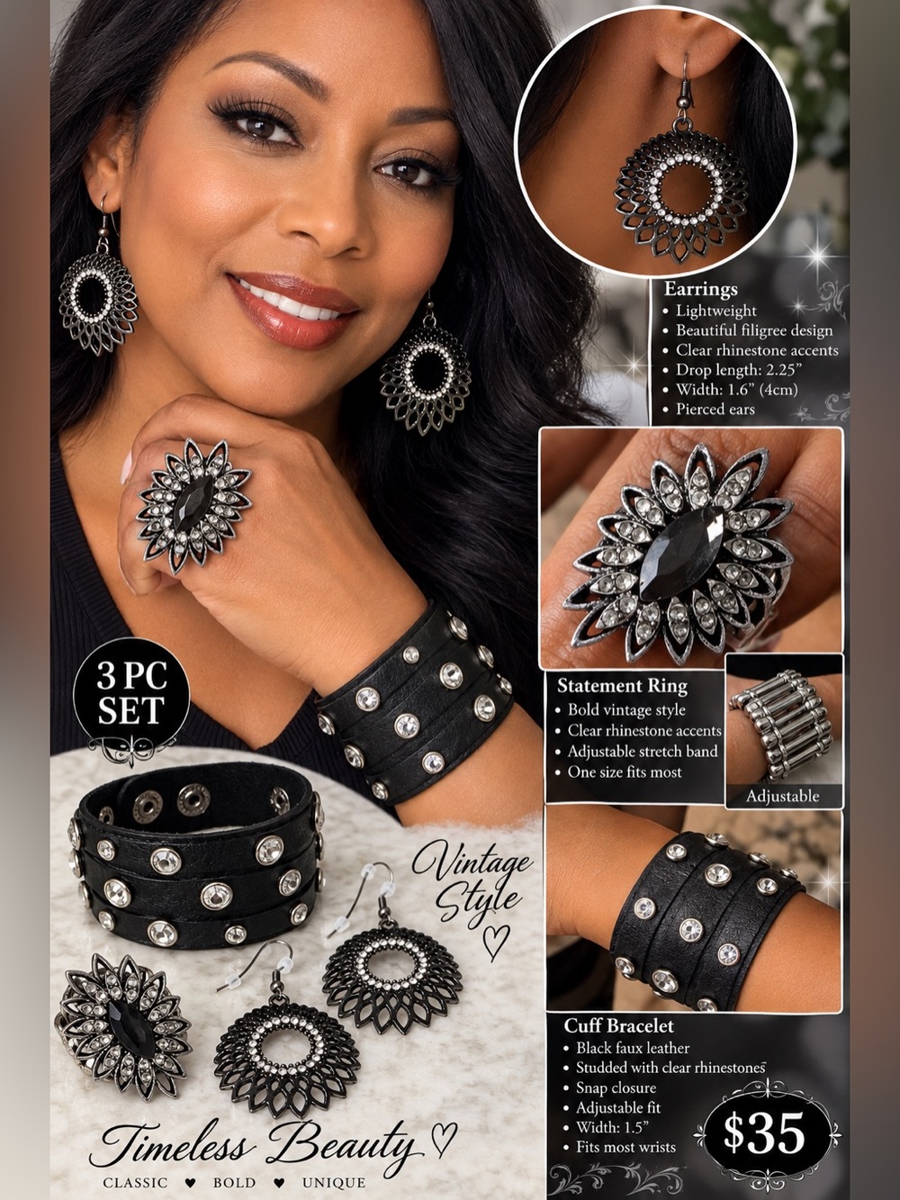 3 pcs Black Rhinestone Filigree Earrings, Statement Ring & Cuff Bracelet Set